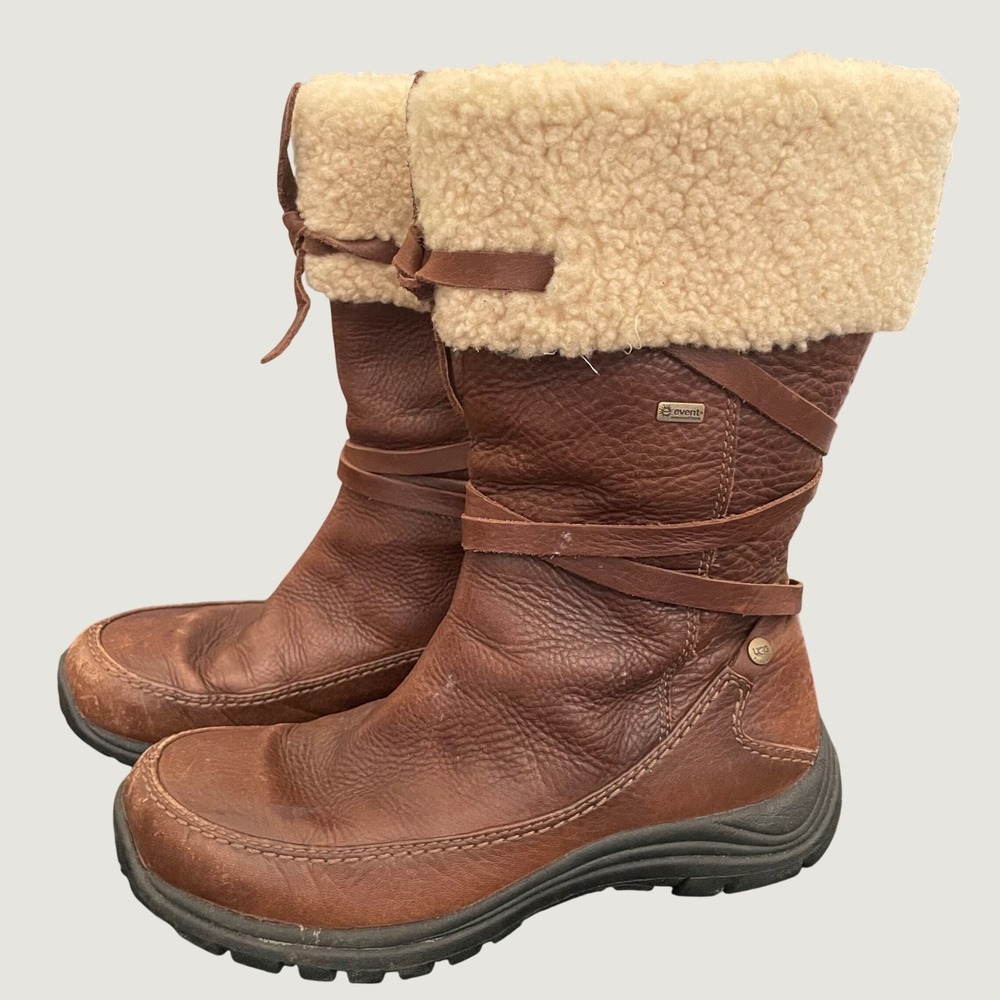 UGG Australia Summit Shearling Mid Calf Snow Boots Women 8 Brown Cream Sherpa